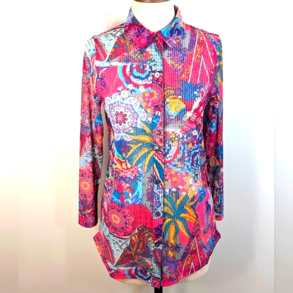 VTG Vaness Rizzi abstract sheer, ribbed button up. Small To Medium. - Picture 1 of 11